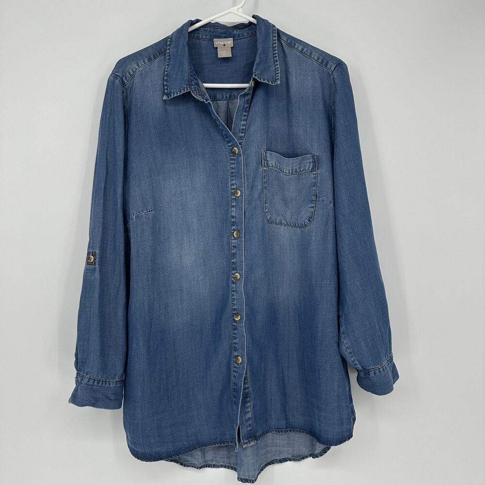 Chico's Womens 2P Blue Tencel Lyocell Chambray Tunic Shirt Button Front Roll Tab